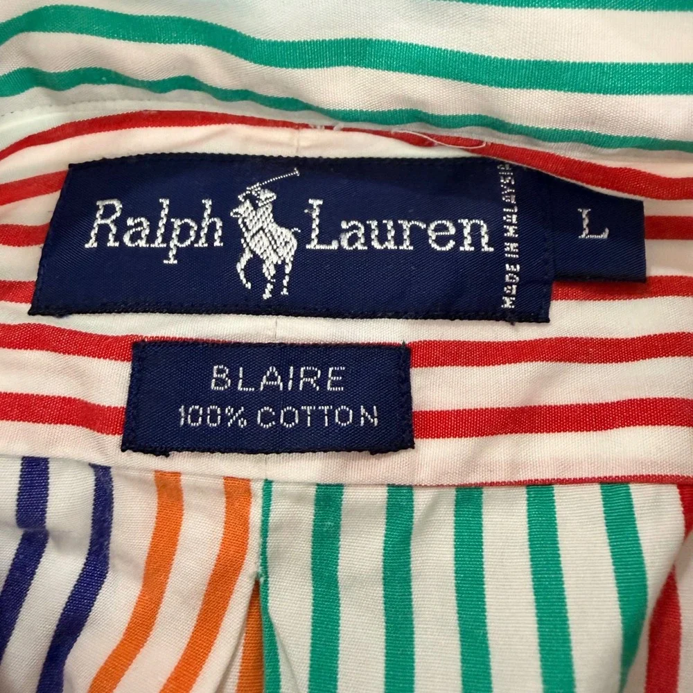 Vintage Ralph Lauren Button Down Mens L Multicolor Stripe Poplin Rainbow Blaire